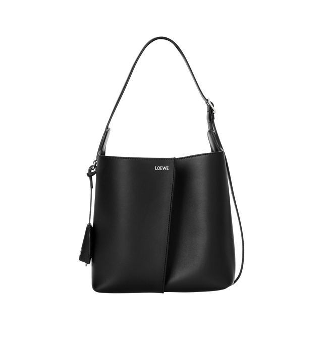 Image 1 of 5 - BLACK - LOEWE Medium Bilbao Bucket Bag in smooth calfskin featuring a trapeze shape bucket bag with a minimalist and graphic design, shoulder or crossbody carry, adjustable strap, detachable double L-embossed leather bell with concealed functional bottle opener, additional external d-ring for personalisation, hook closure to secure belongings, suede lining and embossed LOEWE. Smooth calf. 24 cm x 13 cm x 25 cm. Made in Spain.