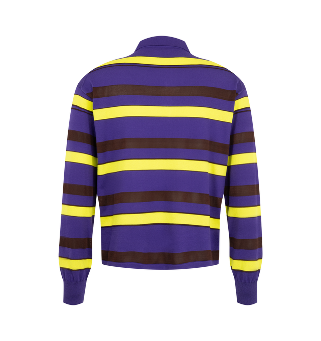 Image 2 of 2 - PURPLE - JW Anderson Men's Knitted Striped Rugby Polo Top in ivory, green and blue contrast matte cotton and high-shine viscose, featuring anchor logo embroidery with horn buttons. Composition: 73% Cotton, 27% Viscose. Made in Italy.