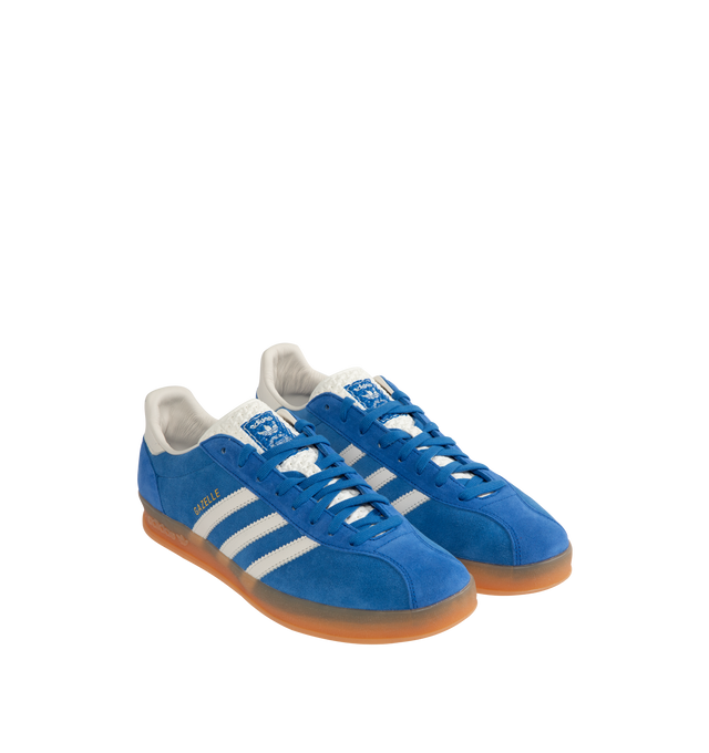 Image 2 of 5 - BLUE - Adidas Gazelle Indoor Pro Sneakers are a lace-up style with suede uppers, leather stripes, and gummed rubber soles.