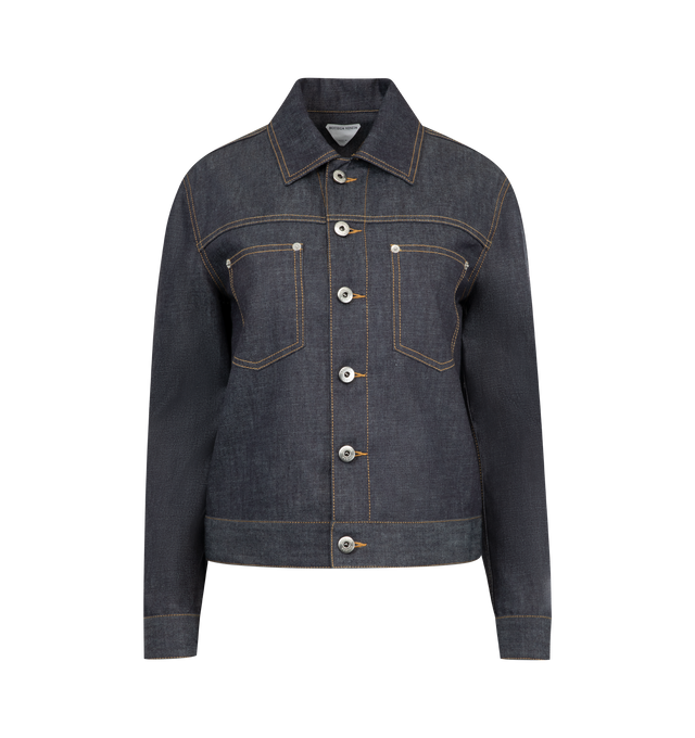 Image 1 of 2 - BLUE - BOTTEGA VENETA Denim Shirt Jacket featuring buttoned front closure, classic collar, two front patch pockets, contrast topstitching and buttoned cuffs. 100% cotton. Made in Italy.