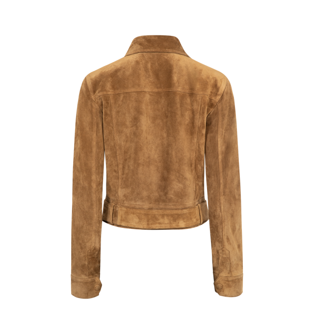 Image 2 of 3 - BROWN - SAINT LAURENT Jacket in vintage split leather featuring short jacket with a pointed collar, straight shoulders, adjustable belt at the hem, silk lining, front button closure, two patch pockets with buttoned flap at the chest, one inner welt pocket and one-button cuffs. 100% calfskin. Made in Italy. This item may be restricted for online purchase to international clients. For assistance purchasing this item please contact our dedicated stylist team at personalshopping@hirshleifers.com