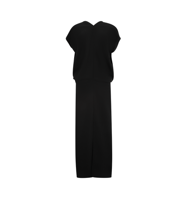 Image 1 of 2 - BLACK - THE ROW Jeyra Dress featuring sculptural calf-length dress in bias-cut silk cady with front and back v-neckline, draped cap sleeves with voluminous waist, center front slit and concealed back zip closure. 100% silk. Made in Italy.