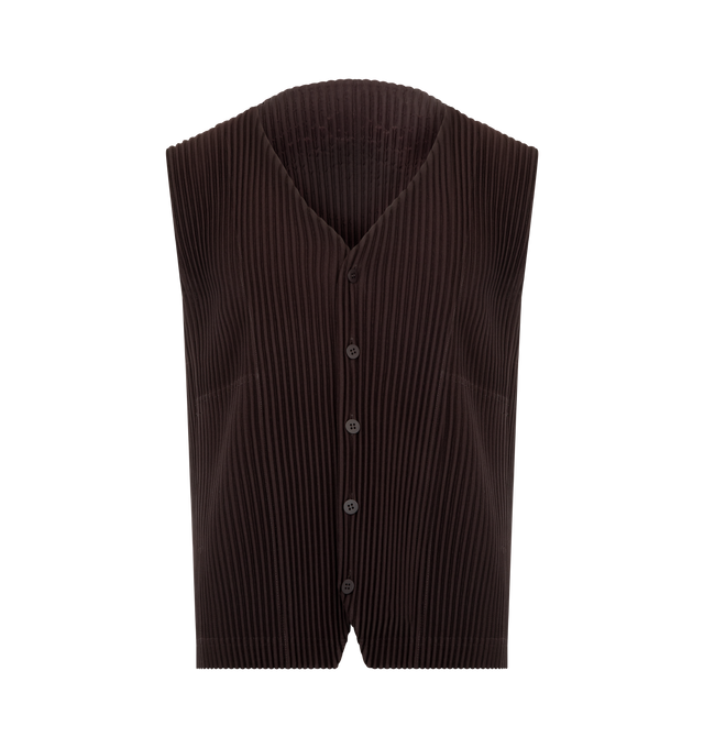 Image 1 of 2 - BROWN - ISSEY MIYAKE TAILORED PLEATS 2 Vest featuring front-opening vest, quick-drying property, pockets on both sides, button closure, v neck, sleeveless and pleats throughout. 100% polyester. Made in Philippines.