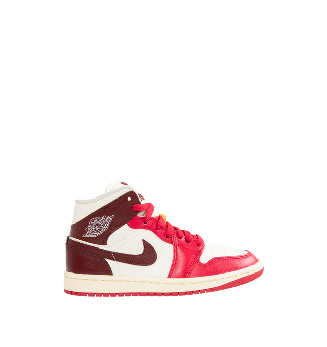 Image 1 of 5 - RED - JORDAN Air Jordan 1 Mid Sneaker featuring padded collar, premium leather and synthetic upper, Air-Sole unit in the heel and rubber outsole.