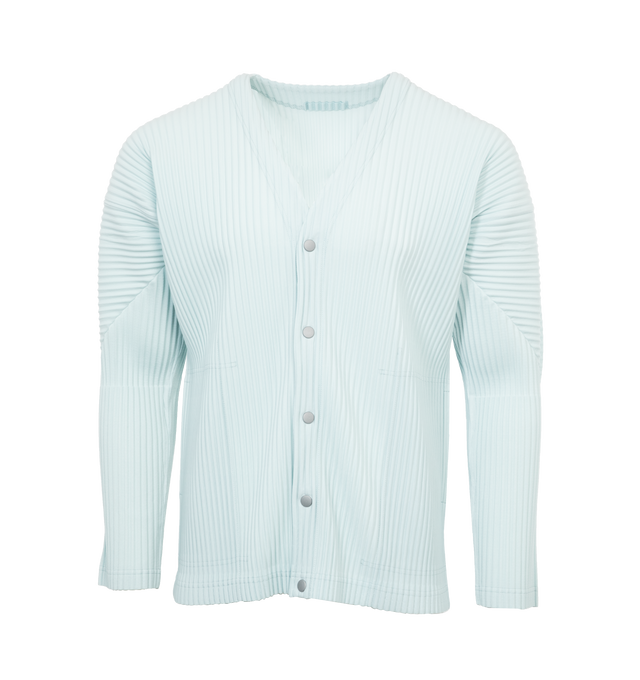 Image 1 of 4 - BLUE - ISSEY MIYAKE BASICS CARDIGAN featuring button-up front closure, straight shape and full length sleeves. 100% polyester. 