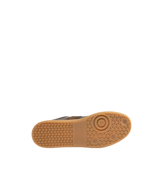 Image 4 of 5 - BROWN - Maison Margiela Replica Sneakers featuring lace-up sneakers in buffed nappa calfskin and calfskin suede, contrasting sole, Maison Margiela logo label on the tab, internal Replica label, internal elastic and all-over Maison Margiela logo insole. 100% calf leather. Sole: 100% rubber. Made in Italy.