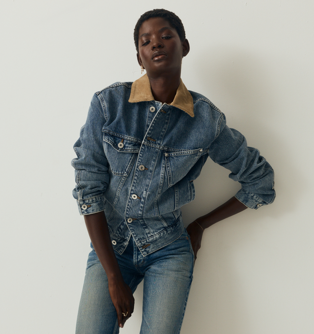 Image 2 of 4 - BLUE - JW ANDERSON Corduroy Collar Jacket featuring a corduroy contrast collar, twisted patch pocket, engraved metal shank buttons and a leather logo patch. 100% cotton. Made in Japan.