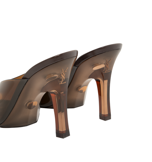 Image 3 of 4 - BROWN - SAINT LAURENT Sabrina Mules in TPU featuring translucent peep-toe mules with an almond toe, a plexiglas heel with embedded bronze-tone logo and leather sole. 3.3 inch heel. Polyurethane. Made in Italy.