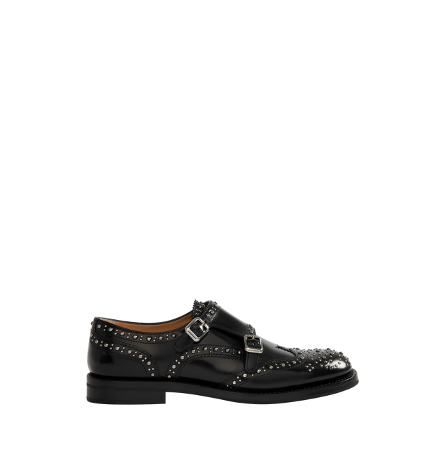 Image 1 of 4 - BLACK - CHURCH'S Lana Met Shoe featuring full brogue double monk strap, calf leather with polished binder finish, silver-tone buckles, stud detailing and diamond rubber sole.