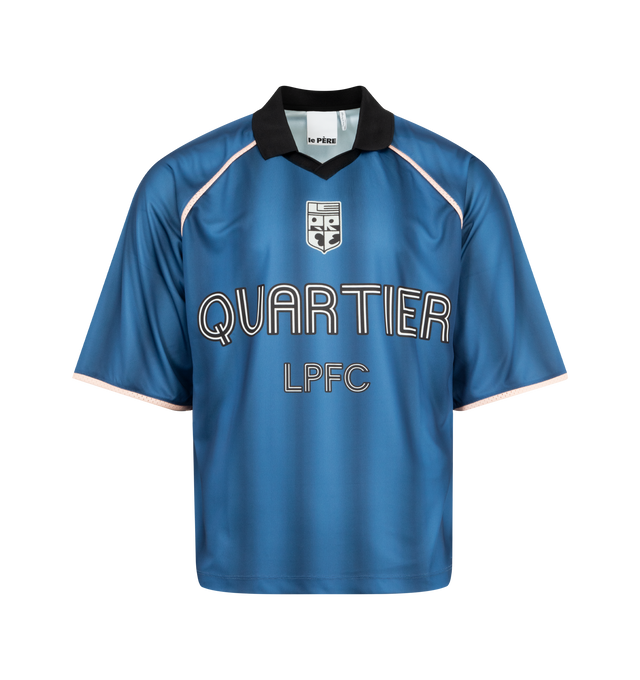 Image 1 of 2 - BLUE - LE PERE Heritage Kit LPFC Football Jersey featuring premium Spanish jersey fabric, stripes rendered with a slight digital distortion, a custom le PRE club crest on chest, number 90 emblazoned on the back, short sleeves and collar. 100% PES. Made in Portugal.