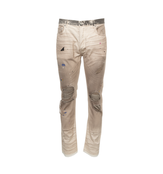 Image 1 of 3 - BROWN - GALLERY DEPT. HOLLYWOOD BLV 5001 featuring multicoloured denim, button fastenings, regular-straight leg, low-crotch style and paint splattered distressed. 100% cotton. 