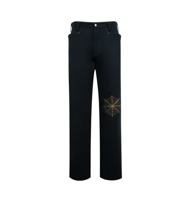 Image 1 of 4 - NAVY - SECOND LAYER Angel Pants featuring a straight-leg silhouette embroidered with a metallic web design on the left thigh, side welt pockets, back patch pockets, zip fly and button closure. 100% polyester.