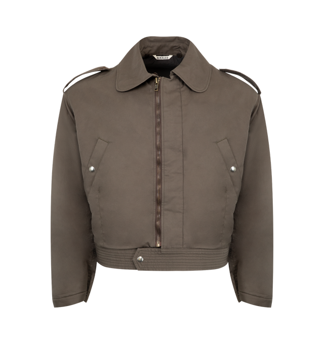 Image 2 of 4 - BROWN - AURALEE Washed Finx Flight Jacket featuring oversized fit, front zip closure, detachable leather collar, snap button pockets on front and snap button waist tab. 100% cotton.