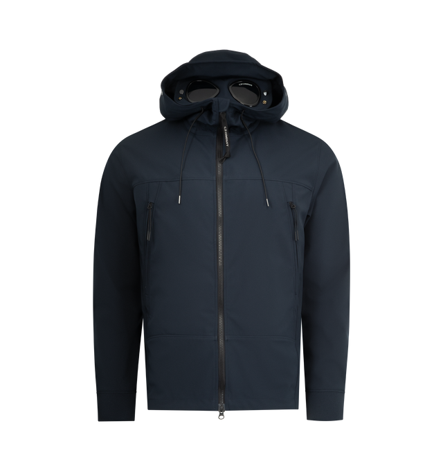 Image 2 of 4 - NAVY - C.P. COMPANY C.P. Shell-R Goggle Jacket featuring adjustable Goggle hood, two-way full zip fastening, side zip pockets, elasticated cuffs, adjustable drawstring hem and regular fit. 92% polyester, 8% elastane/spandex.