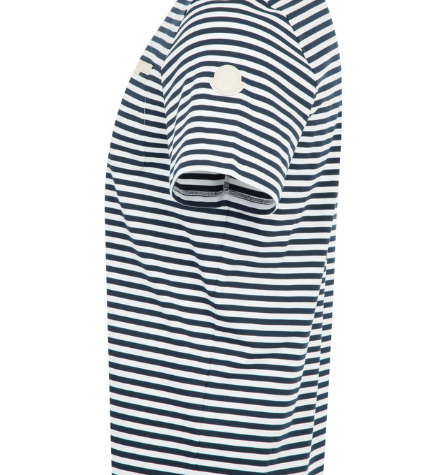 Image 3 of 3 - BLUE - MONCLER Striped Cotton T-Shirt featuring a stretch cotton blend, crew neck, short sleeves, chest pocket and leather logo details. 92% cotton, 8% elastane/spandex.