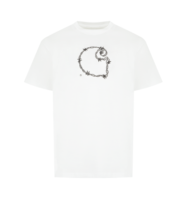 Image 1 of 2 - WHITE - CARHARTT WIP Barbwire C T-Shirt featuring a loose fit, midweight cotton jersey, graphic print on chest, short sleeves and crew neck. 100% cotton.