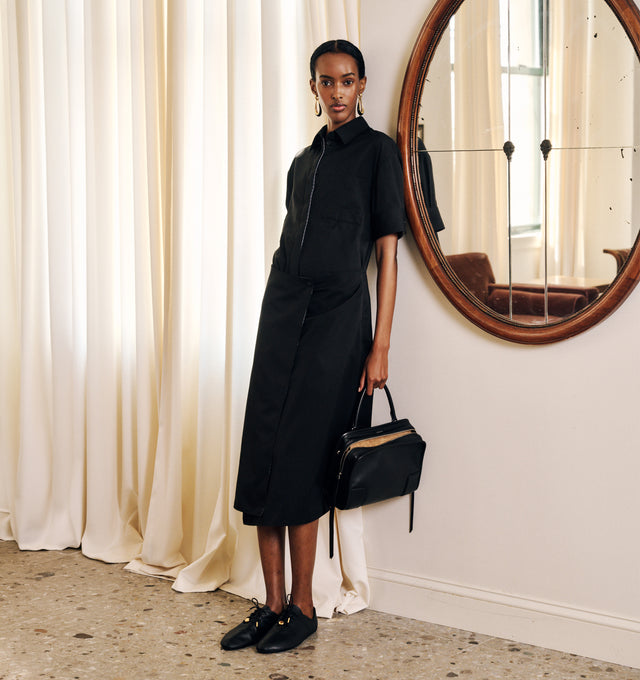 Image 4 of 4 - BLACK - LOEWE Shirt Dress featuring short sleeves, button front closure, shirt collar, midi length and asymetrical wrap skirt.
