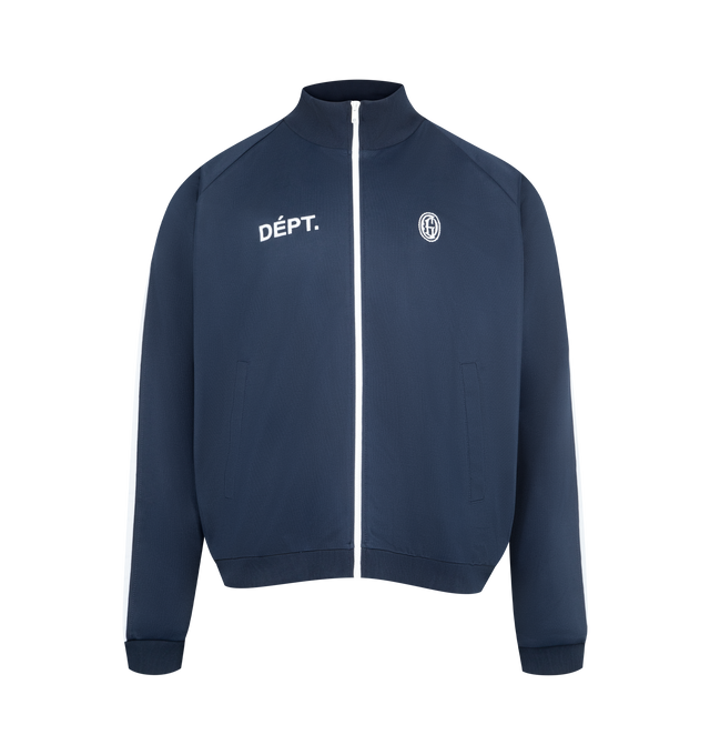 Image 1 of 2 - NAVY - GALLERY DEPT. JK Full Zip Jacket featuring contrast sleeve detail, front welt pockets, elasticized waistband and cuffs, embroidered with FRENCH DPT. and Chateau Josu logos on the front, plus Sport Elegant on the back, zip-up closure and inner mesh lining. 100% cotton. Made in Portugal.