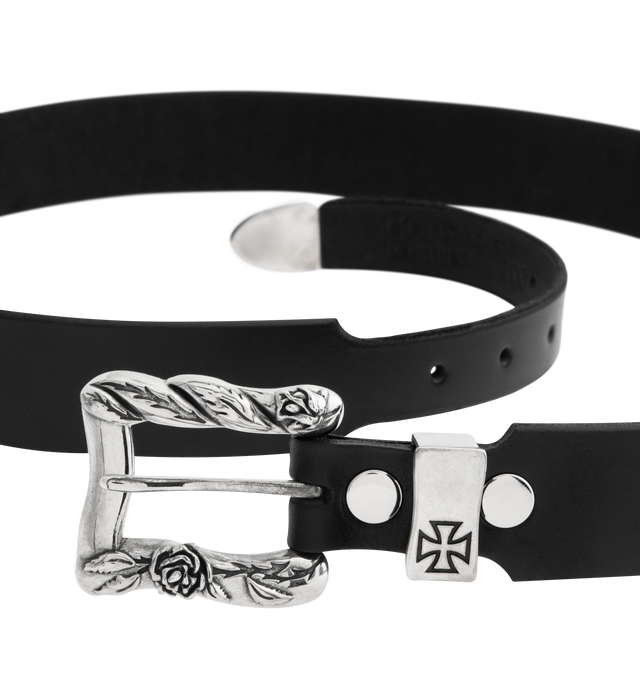 Image 3 of 3 - BLACK - ENFANTS RICHES DEPRIMES Classic Rose Buckle Belt featuring premium black leather, an ornate antique silver buckle engraved with roses and thorns, and ERDs gothic logo detailing. 100% cow leather.