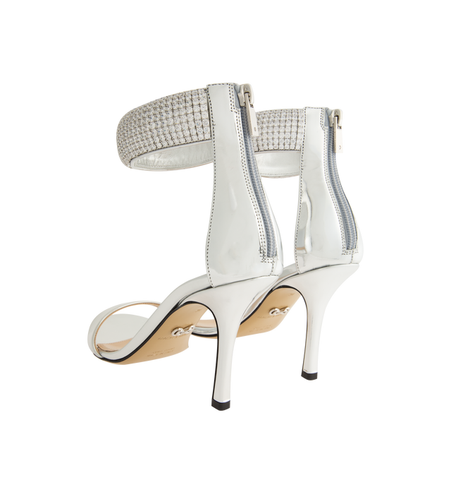 Image 3 of 4 - SILVER - Mach & Mach Women's She's A Lady Heeled Sandals are crafted from leather and feature an elegant round open-toe silhouette with a 95mm stiletto heel. Designed with crystal-embellished ankle detailing, a rear zip closure, leather lining, and a leather sole, the sandals offer a refined statement finish. Main Material: Calf Leather. Lining: 100% Leather. Sole: 100% Calf Leather. Made in Italy.