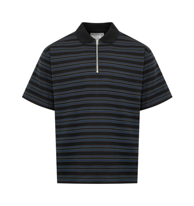 Image 1 of 2 - NAVY - SACAI Horizontal Stripe T-shirt featuring quarter zip polo collar, short sleeves and stripes thoughout. Made in Japan.