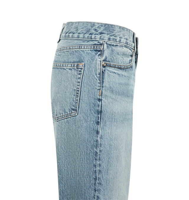 Image 3 of 3 - BLUE - Ruadh Women's Olympia Straight Leg Jean is crafted from heavyweight rigid Japanese denim and features a mid-rise silhouette with a relaxed straight-leg fit. Sitting low on the hip, this style is designed to emulate the character of a well-worn vintage jean, classic five-pockets, signature triple belt loops at the back waist semi-precious gold-tone hardware, and is finished with a released hem. Main Material: Cotton Denim. Made in USA.
