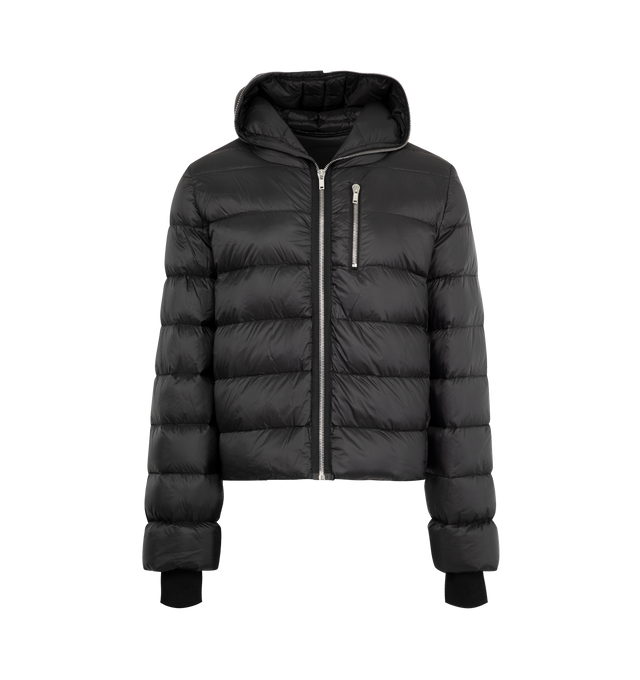 Image 1 of 3 - BLACK - Rick Owens Gimp heavyweight duvet jacket crafted from black matte nylon in a hip-length with long sleeves. Featuring horizontal stitching lines, zippered chest pocket, slit side pockets, and a center-front zipper that runs up all around the hood, so that it can close completely around your face. 100% nylon, water repellent with 100% new wool knit rib cuffs, 100% cotton pocket lining.90% goose down / 10% mallard feather fill.