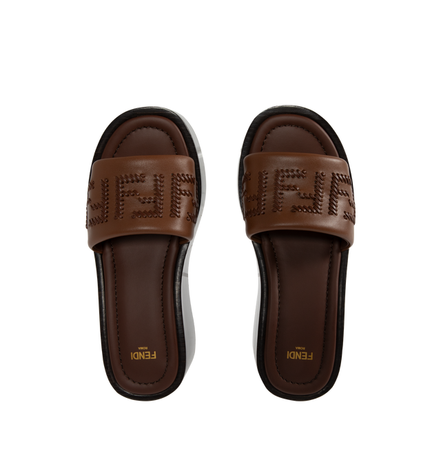 Image 4 of 4 - BROWN - FENDI Sunshine Platform Slide featuring wide-band, a platform sole and tone-on-tone leather threading that depicts the iconic FF motif. 100% calf leather. Made in Italy.