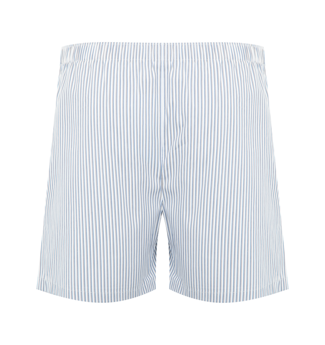 Image 2 of 3 - BLUE - Saint Laurent Mens Shorts are crafted from cotton poplin. Feature a relaxed wide-leg silhouette, elasticized waistband, embroidered Saint Laurent logo, striped pattern, and visible stitched hem. Main Material: 100% Cotton. Made in Italy.