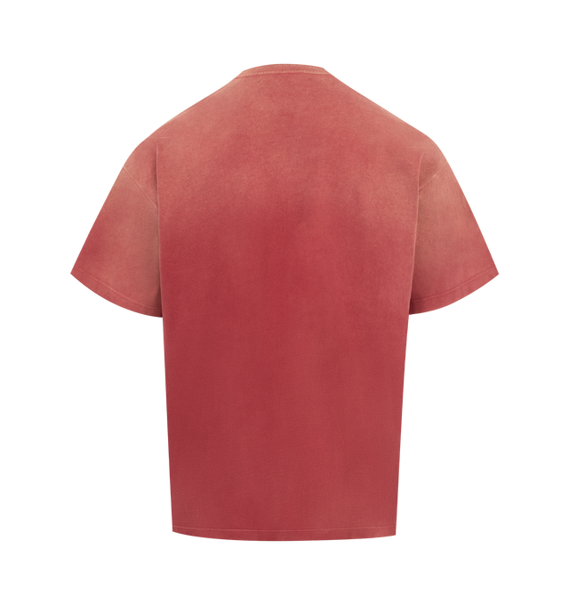 Image 2 of 2 - RED - SATOSHI NAKAMOTO Pearl Studded Logo Tee featuring boxy fit, dropped shoulders, screen-printed graphic, pearl studded design and washed treatment. 100% cotton.