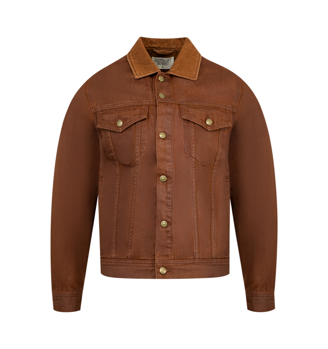 Image 1 of 3 - BROWN - MIDNIGHT RODEO Coated Denim Trucker Jacket featuring a waxed coating, slim fit, cropped, tonal branding at the back yoke, front button closure, spread collar, button cuffs, chest button-flap pockets, front welt pockets and adjustable button side tabs. 100% cotton.