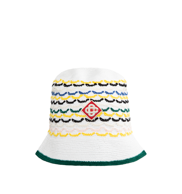 Image 1 of 2 - WHITE - CASABLANCA Tuck Stitch Hat featuring bucket-style design, signature diamond logo at its centre, crafted from a soft textured cotton fabric and contrast edge detail on brim. 100% cotton.