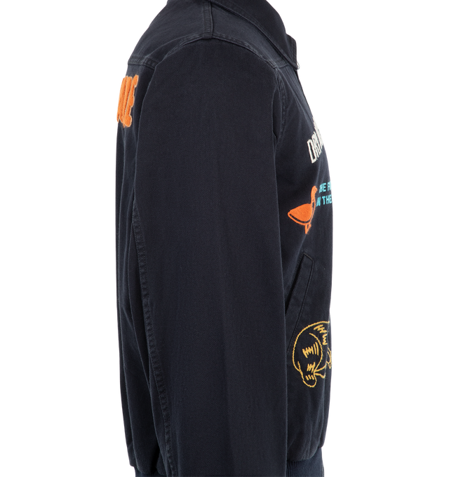 Image 3 of 3 - NAVY - Human Made Men's Zip-Up Blouson is crafted from a soft cashmere blend with embroidery patch artwork, and features a zip-front silhouette designed for elevated everyday wear. Main Material: 80% Cashmere, 18% Polyamide/Nylon, 2% Elastane. Closure: Front Zip. Fit: Regular.