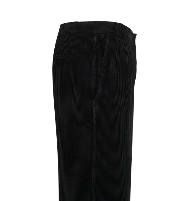 Image 3 of 3 - BLACK - The Row Men's Paulo Pants are crafted from compact wide-wale cotton velvet corduroy with a soft, textural hand and durable construction. Designed with a relaxed wide-leg silhouette that sits at the natural waist, these designer pants feature a pleated front, side slash pockets, and a single back welt pocket. The fabric is dyed and specially treated to create a subtly uneven, worn-in effect while enhancing the depth and richness of the Faded Black color. Main Material: 100% Cotton. Fit