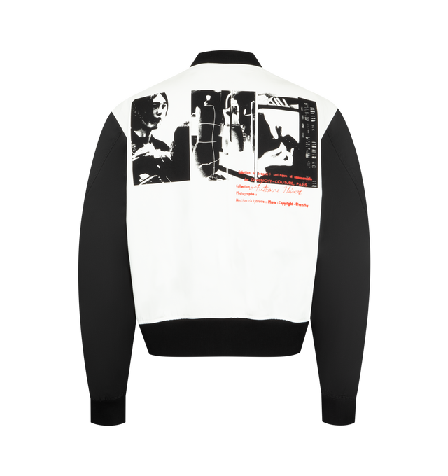 Image 2 of 3 - WHITE - GIVENCHY Bi-Material Blouson with Photographic Negative Print featuring cotton twill with contrasting nylon sleeves, bomber collar, contrasting Givenchy Paris signature embroidered on the chest, photographic Negative print on the back, snap button closure, two side pockets with contrasting piping, elasticated knitted collar, hem and cuffs and lightweight fabric. 100% cotton. 100% polyamide. Filling: 90% viscose, 10% wool. Lining: 100% cupro. Made in Italy.