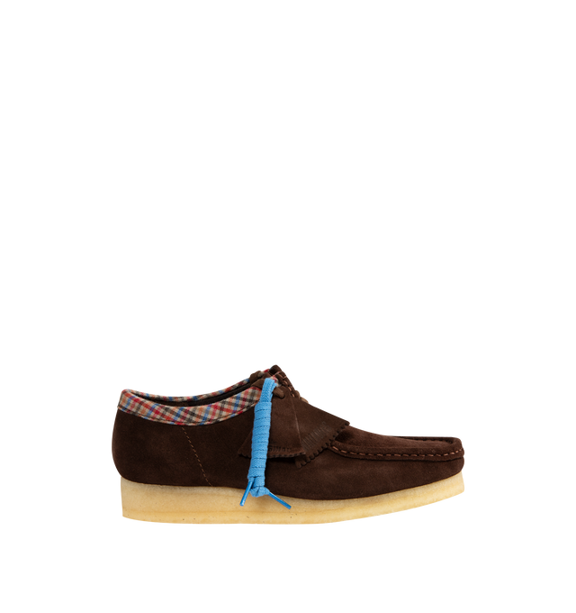 Image 1 of 4 - BROWN - CLARKS Wallabee Shoe featuring suede uppers, two FOBS Clarks Originals and Wallabee, two laces, natural pebble crepe sole, Clarks Originals logo foil embossed on sock, Harris Textile print trim on collar, moccasin construction and hand stitched apron seam.