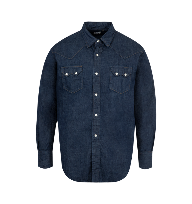 Image 1 of 2 - BLUE - ORSLOW Denim Western Shirt featuring regular collar, shoulder yolk detailing, full snap front fasten, two chest pockets with flap and snap fasten and curved hem. 100% cotton. Made in Japan.
