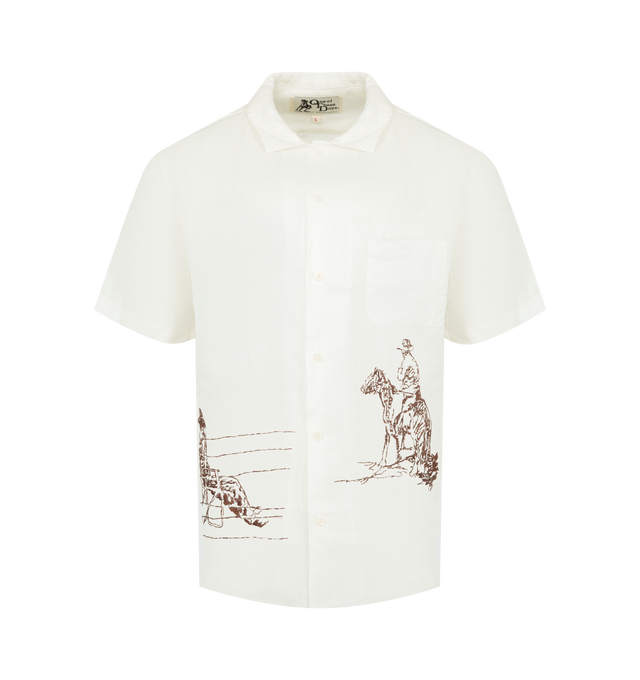 Image 1 of 2 - WHITE - ONE OF THESE DAYS Remember Me Camp Shirt featuring short-sleeves, button-down front closure, print of cowboys across the front and collar. 100% linen. Made in the USA.