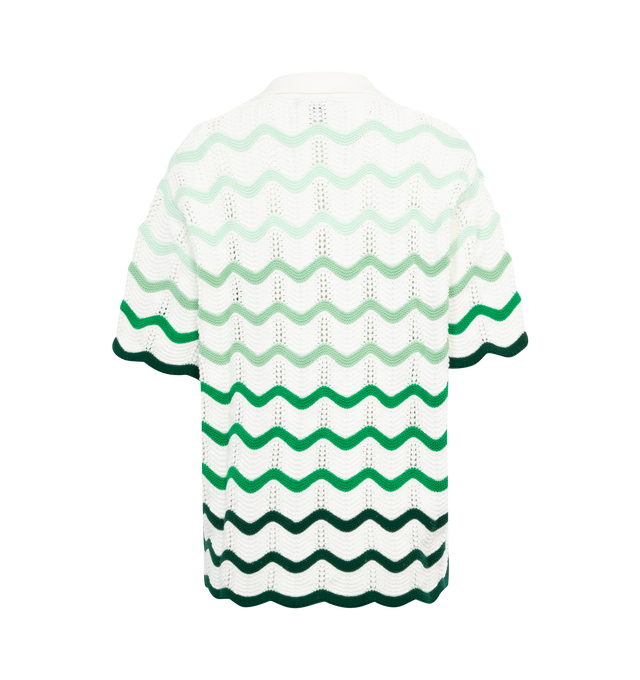 Image 2 of 3 - GREEN - CASABLANCA Gradient Wave Texture Shirt featuring front button closure with pearlescent buttons, wavy stripe pattern, midweight crochet knit fabric with Casablanca logo patch at chest. 100% cotton. Made in China. 