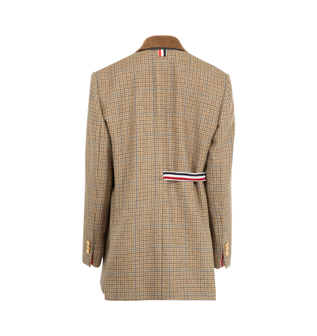 Image 4 of 5 - BROWN - THOM BROWNE Check Cheviot Tweed Sportcoat featuring narrow shoulders, double-layered construction, front button closure with striped grosgrain bow, 4-bar detailing, 2 front flap pockets, single chest pocket, buttoned cuffs with signature striped grosgrain trim, interior pocket with name tag, removable sleeves, reversible and signature striped grosgrain loop tab. 100% wool. 100% cotton. Lining: 100% cupro. Made in Italy.