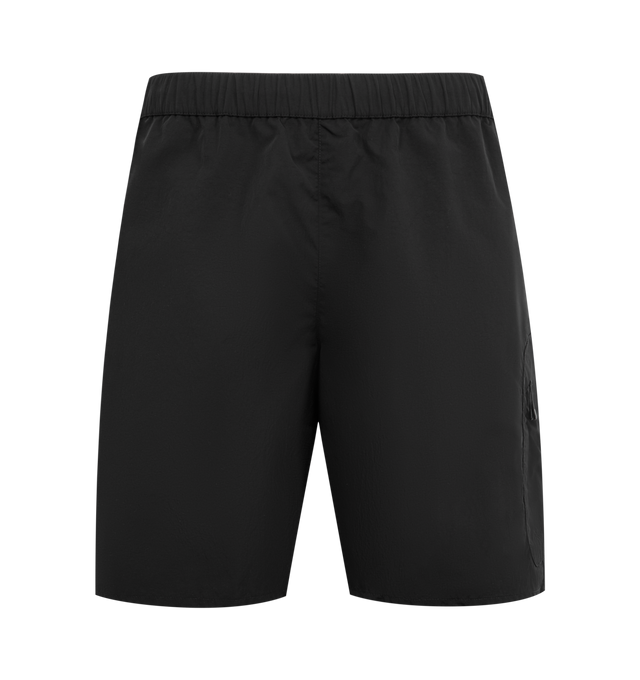 Image 1 of 3 - BLACK - MONCLER Swim Shorts featuring concealed drawstring at elasticized waistband, three-pocket styling, rubberized logo patch at cuff and partial mesh lining. 100% nylon.