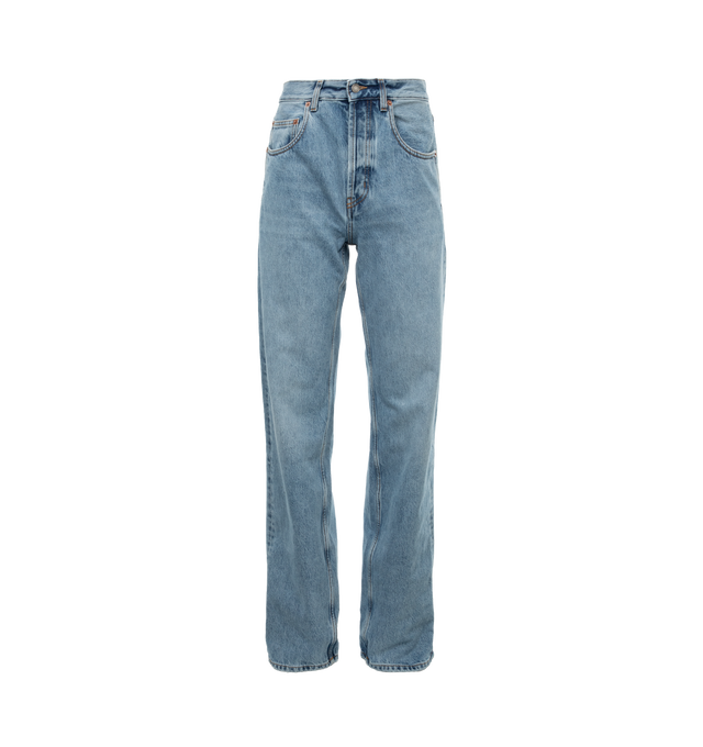 Image 1 of 3 - BLUE - SAINT LAURENT Long Baggy Jeans featuring high waist, five pocket style, baggy fit, long, wide leg and button fly. 100% cotton. Made in Italy. 