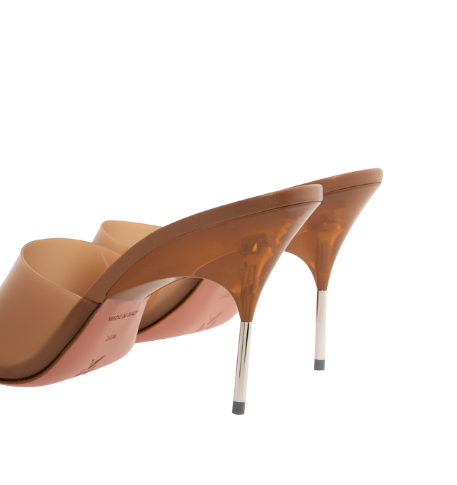 Image 3 of 4 - BROWN - AMINA MUADDI Bianca Glass Slipper featuring shiny silver heel, pointed open toe and 95mm plexi heel. 100% PVC. Lining: 100% goatskin. Made in Italy.