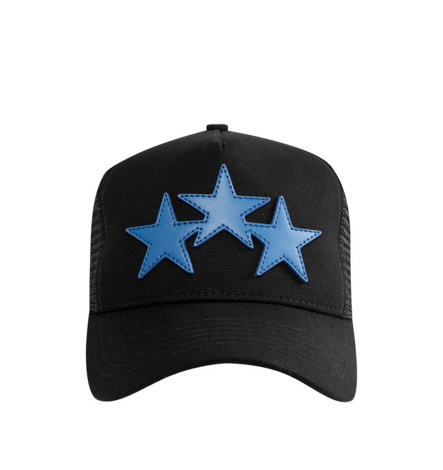 Image 1 of 3 - BLACK - AMIRI 3 Star Trucker Hat featuring adjustable backstrap, front leather applique detail and leather logo patch at back. 100% cotton. Made in USA.
