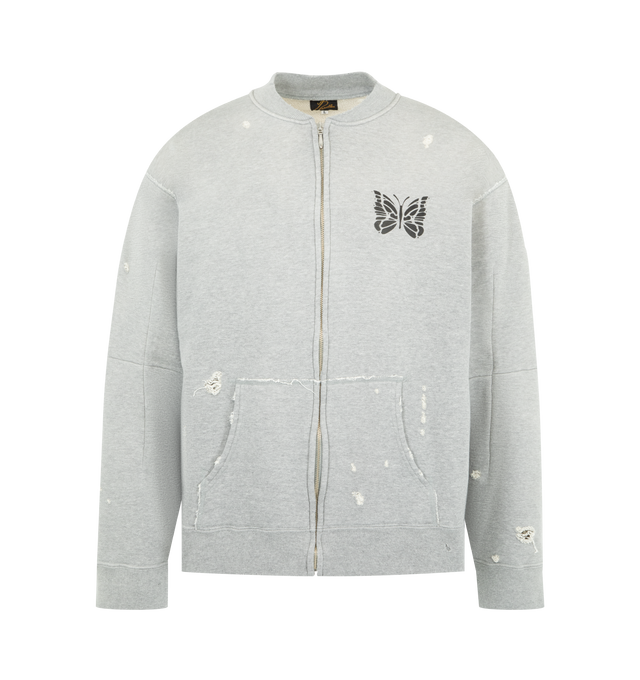 Image 1 of 2 - GREY - NEEDLES Deconstructed Zipped Sweatshirt featuring darts in the sleeves create a three-dimensional silhouette, drop shoulder, ribbed panels at the sides, zip closure and printed logo. 100% cotton. Made in Japan.