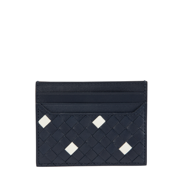 Image 1 of 3 - BLUE - BOTTEGA VENETA Intrecciato Piccolo Card Case featuring calf leather card case with polka dots, four card slots and one central pocket. The VN Preserve calf leather is realized through the BioBasedLeather process, which ensures a limited presence of petrol-based components and exclusive reliance on renewable energy sources. Calfskin. 3.1" x 4.1" x 0.2". Made in Italy.
