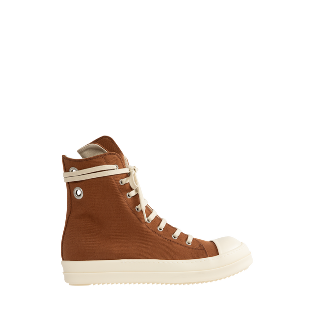 Image 1 of 5 - ORANGE - Rick Owens DRKSHDW Denim Sneaks Sneakers featuring High-top overdyed 13oz GOTS-certified organic cotton, faux-leather cap toe, lace-up closure, extended tongue, zip closure at inner side, eyelet vents at collar, grommets at heel, logo printed at faux-leather insole and treaded rubber sole. Upper: organic cotton. Sole: rubber. Made in Italy.