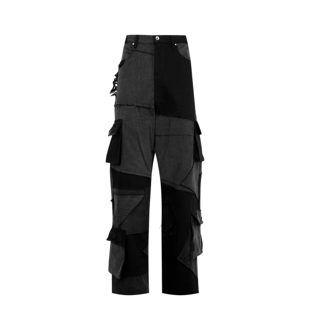Image 1 of 3 - GREY - WHO DECIDES WAR Destroyed Paneled Cargos featuring a straight fit, embellished with repaired distressing throughout, paneled construction, two front pocket, two back flap pockets and flap pockets on outseam. 100% cotton.