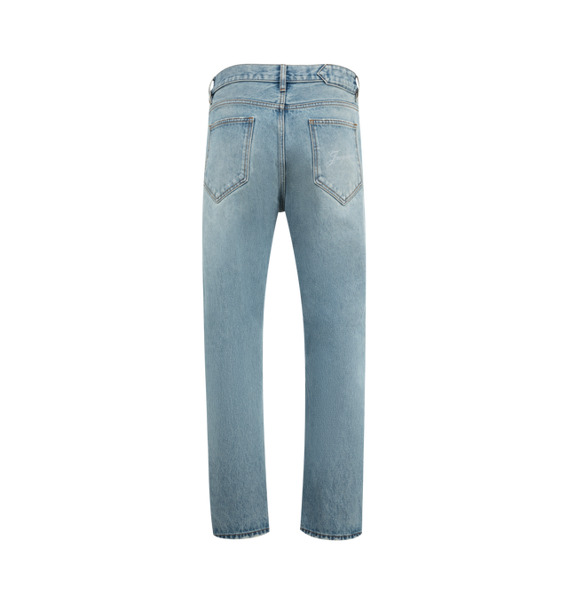Image 2 of 2 - BLUE - JACQUEMUS De-Nmes denim pants featuring straight leg jeans, mid rise, five pockets with metal studs and rivets, J belt loop, button fly, silver metal hardware, large denim patch above back pocket and contrast stitching. 100% cotton. Made in Italy.