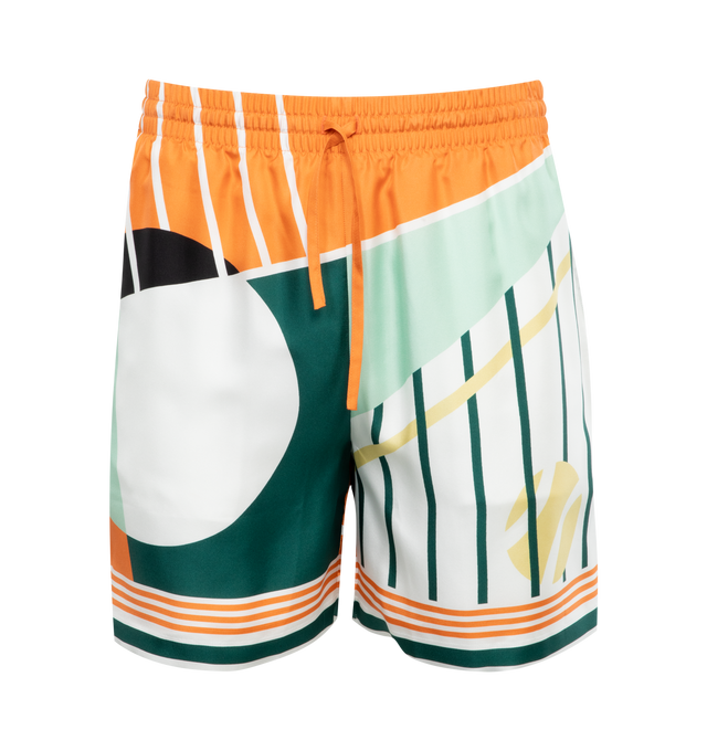Image 1 of 3 - MULTI - CASABLANCA Silk Shorts featuring all over geometric print, elasticated drawstring waistband and rear patch pocket. 100% silk. 